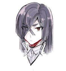 Rule 34 | 1girl, black hair, closed mouth, collared shirt, commentary request, cropped shoulders, expressionless, eyes visible through hair, grey shirt, hair between eyes, hair over one eye, jouhou, long hair, looking at viewer, origami yukari, red eyes, shirt, simple background, solo, thick eyebrows, toji no miko, v-shaped eyebrows, white background