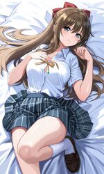 1girl absurdres bed_sheet black_shoes blue_eyes blush bow breasts brown_hair brown_shoes button_gap commentary_request grey_skirt hair_bow hair_spread_out half_updo hand_on_own_chest highres knee_up kneehighs loafers long_hair looking_at_viewer love_live! love_live!_nijigasaki_high_school_idol_club lying medium_breasts neck_ribbon on_back osaka_shizuku pillow pleated_skirt red_bow revision ribbon shirt shirt_tucked_in shoes short_sleeves skirt socks solo undone_neck_ribbon white_shirt white_socks yellow_ribbon zaofeng