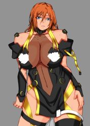 1girl breasts censored censored_nipples grey_background highres kaname_buccaneer large_breasts looking_at_viewer macross macross_delta navel no_bra orange_hair papepox2 simple_background solo standing sweat yami_kaname yami_q_ray