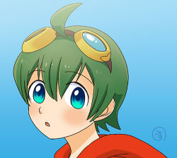 Rule 34 | appmon, blue eyes, digimon, digimon universe: appli monsters, goggles, goggles on head, green hair, red shirt, shinkai haru, shirt, tagme