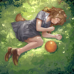 1girl absurdres alternate_costume animal_ears ball boots brown_boots brown_hair bug butterfly child closed_eyes commentary commentary_request dress english_commentary frozenduck grass grey_dress highres insect loafers long_hair lying mixed-language_commentary no_socks on_grass on_side open_mouth outdoors painterly raccoon_ears raccoon_girl raccoon_tail raphtalia shoes short_sleeves sleeping solo tail tate_no_yuusha_no_nariagari