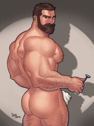 1boy arm_hair artist_name ass ass_hair bara bare_pectorals beard biceps chest_hair closed_mouth commentary commission completely_nude dong_saeng_(gaysomecomics) english_commentary facial_hair highres holding holding_razor leg_hair looking_at_viewer male_focus muscular muscular_male mustache nipples nude original pectorals razor shaving_cream signature spotlight