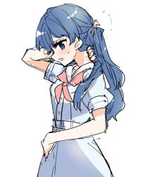 1girl arm_up blue_dress blue_eyes blue_hair blue_ribbon blush commentary_request dress hair_ribbon half_updo hand_on_own_neck hasu_no_sora_school_uniform hickey highres kanduki_kamibukuro link!_like!_love_live! long_hair love_live! mole mole_on_neck murano_sayaka neckerchief open_mouth profile puffy_short_sleeves puffy_sleeves red_neckerchief red_ribbon ribbon sailor_collar sailor_dress school_uniform short_sleeves sideways_mouth simple_background solo summer_uniform sweatdrop translation_request virtual_youtuber white_background white_sailor_collar