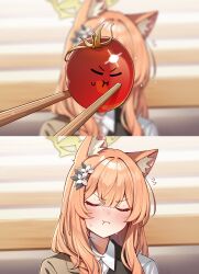 1girl 1other 2koma :t absurdres animal_ear_fluff animal_ears blue_archive blurry blurry_background blush cat_ears cat_girl chopsticks closed_eyes closed_mouth comic commentary depth_of_field embarrassed facing_viewer flying_sweatdrops food hair_between_eyes hair_intakes hair_ornament halo highres indoors jacket long_hair mari_(blue_archive) muo_(muojjang_0929) nose_blush orange_hair pout shirt silent_comic solo sweat tomato upper_body white_shirt yellow_halo