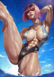 1girl abs absurdres blue_eyes commentary english_commentary eyewear_on_head highres manon_legrand medal medallion monori_rogue official_alternate_costume official_alternate_hairstyle one-piece_swimsuit pink_hair short_hair solo street_fighter street_fighter_6 sunglasses swimsuit