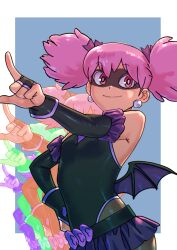 1girl bat_wings black_gloves black_leotard black_sleeves blue_background border bridal_gauntlets brown_pantyhose closed_mouth commentary_request domino_mask earrings eye_mask gloves hand_on_own_hip haneyama_kazuho index_finger_raised jewelry leotard looking_at_viewer low_wings mana30row mask microskirt outside_border outstretched_arm pantyhose pink_eyes pink_hair pointing pointing_forward purple_skirt short_twintails simple_background skirt smile sphere_earrings standing superhero_costume turning_head twintails vigilante_-boku_no_hero_academia:_illegals- white_border wings