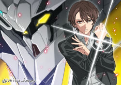Rule 34 | black jacket, brown eyes, brown hair, collared shirt, daikagami (kagami hayato), glint, hair between eyes, hikari (mitsu honey), jacket, kagami hayato, kagami hayato (1st costume), looking at viewer, male focus, mecha, nijisanji, robot, shirt, short hair, twitter username, upper body, virtual youtuber, white shirt
