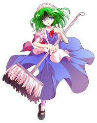 1girl alphes_(style) android apron black_shoes blue_dress bow bowtie commentary_request dairi dress frilled_sleeves frills full_body green_hair holding large_variant_set leg_up maid maid_apron maid_headdress mary_janes mop parody parted_bangs puffy_short_sleeves puffy_sleeves red_bow red_bowtie ruukoto shoes short_hair short_sleeves socks solo style_parody tachi-e tareme touhou touhou_(pc-98) transparent_background variant_set waist_apron white_apron white_socks