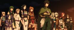 3boys 6+girls animal_ears anime_screenshot atla_fayon black_hair blue_eyes breasts eclair_seaetto elrasla_ragurarock filo_(tate_no_yuusha_no_nariagari) fohl highres iwatani_naofumi long_hair medium_breasts melty_q_melromarc midriff multiple_boys multiple_girls raphtalia revealing_clothes rishia_ivyred sadeena stitched tate_no_yuusha_no_nariagari third-party_edit underboob