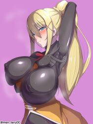1girl arm_between_breasts arm_up armpits between_breasts black_bodysuit blonde_hair blue_eyes blush bodysuit braid breasts commentary covered_armpit covered_erect_nipples crown_braid darkness_(konosuba) hair_ornament highres huge_breasts impossible_bodysuit impossible_clothes kono_subarashii_sekai_ni_shukufuku_wo! long_hair looking_at_viewer men_teru pink_background ponytail puffy_nipples red_ribbon ribbon shiny_clothes skin_tight spread_armpit steaming_body strap_between_breasts sweat twitter_username v very_long_hair x_hair_ornament