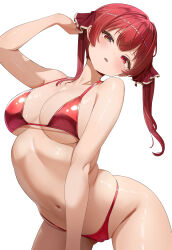 1girl absurdres arched_back arm_up bikini cameltoe heterochromia highres hololive houshou_marine leaning_forward long_hair looking_at_viewer navel nekonosuke parted_lips red_bikini red_eyes red_hair ribs simple_background solo stomach swimsuit twintails virtual_youtuber white_background yellow_eyes