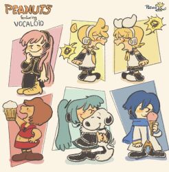 2boys 4girls alcohol aqua_hair beer beer_mug black_shirt black_shoes black_shorts black_skirt black_sleeves blonde_hair blue_hair blue_scarf blush_stickers brown_hair brown_shoes charles_schulz_(style) closed_eyes coat copyright_name crop_top cup detached_sleeves drink happy hatsune_miku headphones headset highres holding holding_drink hug ice_cream_cone kagamine_len kagamine_rin kaito_(vocaloid) megurine_luka meiko_(vocaloid) microphone midriff mug multiple_boys multiple_girls navel necktie open_mouth parody patk_o0 peanuts_(comic) pink_hair profile red_necktie red_shirt red_skirt scarf shirt shoes shorts shouting siblings skirt sleeveless sleeveless_shirt smile snoopy spoken_squiggle squiggle style_parody tail tail_wagging twins vocaloid white_coat white_shirt woodstock yellow_shoes