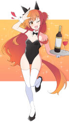 1girl alcohol animal_ears black_leotard black_shoes blush bottle cup detached_collar drinking_glass full_body heart highres holding holding_tray horse_ears horse_girl horse_tail leotard long_hair mayano_top_gun_(umamusume) nel-c one_eye_closed open_mouth orange_eyes orange_hair shoes smile solo strapless strapless_leotard tail thighhighs tray two_side_up umamusume white_thighhighs wine wine_bottle wine_glass wrist_cuffs