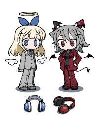 2girls akuma_(tententengokujigokugoku) angel angel_wings black_vest blonde_hair blue_eyes blue_necktie cross cross_hair_ornament demon_girl demon_horns demon_tail demon_wings detached_wings formal_clothes full_body grey_hair grey_jacket grey_pants grey_shoes grey_suit hair_ornament halo headphones headphones_removed highres horns inverted_cross jacket latin_cross long_hair medium_hair multiple_girls necktie odayaka pants red_eyes red_jacket red_pants red_suit shoes simple_background suit tail tenshi_(tententengokujigokugoku) tententengokujigokugoku_(aiobahn) traditional_halo vest white_background wings