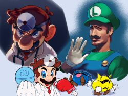 2boys absurdres ai-generated_art_(topic) ai_angry_dr._mario_(meme) angry blue_eyes blue_overalls brown_hair commentary doctor dr._mario dr._mario_(game) english_commentary facial_hair glaring gloves green_hat green_shirt hat head_mirror highres holding holding_pill lab_coat large_ears luigi mario mario_(series) meme multiple_boys mustache necktie nintendo open_mouth overalls pill red_necktie ritchell-innocent shirt short_hair smile stethoscope virus_(dr._mario) white_gloves