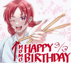 1girl :d blurry blurry_foreground blush braid character_name collared_shirt colored_eyelashes commentary_request dated depth_of_field dress_shirt drumsticks futsuu_no_keion-bu happy_birthday highres holding holding_drumsticks long_hair looking_at_viewer mole mole_under_eye neck_ribbon one_eye_closed open_mouth parted_bangs red_eyes red_hair red_ribbon ribbon school_uniform shirt short_sleeves smile solo sparkle teeth tgc225_momen twin_braids twintails uchida_momo upper_body upper_teeth_only watermark white_shirt wing_collar
