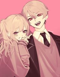 1boy 1girl :d absurdres black_jacket black_necktie blonde_hair brother_and_sister brown_sweater collared_shirt double-parted_bangs eyes_visible_through_hair fangs fingernails grin hair_between_eyes half-closed_eyes hands_on_another&#039;s_shoulder highres jacket kamiyama_high_school_uniform_(project_sekai) lapels long_hair long_sleeves looking_at_viewer necktie open_clothes open_jacket open_mouth own_hands_together pink_background pink_eyes project_sekai puffy_long_sleeves puffy_sleeves sa_tsuko school_uniform shirt short_hair siblings simple_background sleeves_past_wrists smile sweater teeth tenma_saki tenma_tsukasa tongue twintails upper_body upper_teeth_only white_shirt