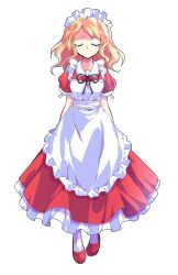 1girl apron arms_at_sides black_ribbon closed_eyes closed_mouth collarbone collared_dress commentary_request dairi dress frilled_apron frills full_body highres large_variant_set long_dress long_hair looking_at_viewer maid maid_headdress neck_ribbon orange_hair parted_bangs pigeon-toed raised_inner_eyebrows red_dress red_shoes ribbon shoes short_sleeves sidelocks simple_background socks solo standing straight-on tachi-e tearing_up touhou touhou_(pc-98) transparent_background variant_set wavy_hair white_apron white_petticoat white_socks yumeko_(touhou)