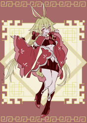 Rule 34 | 1girl, animal ears, blonde hair, blush, breasts, brown dust (series), brown dust 2, chinese clothes, dress, full body, hair between eyes, hair ribbon, high heels, highres, large breasts, liatris (brown dust), long hair, looking at viewer, meander, navel, rabbit ears, rabbit girl, red background, red dress, red eyes, red footwear, red ribbon, red socks, ribbon, smile, socks, solo, standing, standing on one leg, striped clothes, striped socks, tn scallion, twintails, underboob, very long hair, wide sleeves