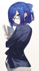 Rule 34 | 1girl, a-chan (2nd costume) (hololive), a-chan (hololive), black-framed eyewear, blue bow, blue coat, blue eyes, blue hair, book, bow, brown skirt, closed mouth, coat, file, from behind, glasses, hair bow, half updo, highres, holding, holding book, hololive, looking back, senmu (senmudayo), short hair, simple background, skirt, smile, solo, swept bangs, upper body, virtual youtuber, white background