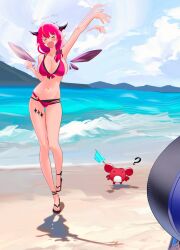 Rule 34 | &gt; &lt;, 2girls, ?, absurdres, arm up, beach, bikini, black bikini, black sandals, blue sky, bow, breasts, cleavage, cloud, commentary, crab, crystal wings, day, detached wings, double halo, english commentary, food, front-tie bikini top, front-tie top, full body, hair between eyes, hair bow, hair over shoulder, halo, hand up, highres, hololive, hololive english, horns, indie virtual youtuber, irys (hololive), irys (holonatsu paradise) (hololive), itszenvy, jewelry, kaniki (sameko saba), large breasts, layered bikini, low ponytail, multiple girls, navel, necklace, o-ring, o-ring bikini, ocean, official alternate costume, official alternate hairstyle, open mouth, ouro kronii, ouro kronii (holonatsu paradise), outdoors, outstretched arm, pink bikini, pointy ears, ponytail, popsicle, red hair, sandals, shadow, sky, solo focus, star halo, stomach, swimsuit, virtual youtuber, waving arm, wings