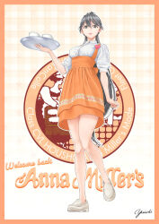 1girl alternate_costume anna_miller apron badge black_eyes black_hair collared_shirt dress_shirt full_body gingham_background highres houshou_(kancolle) kantai_collection name_tag orange_apron orange_skirt ponytail shirt shoes skirt solo tray waitress white_shirt white_shoes yuichi_(sp_sakura_yoshi)