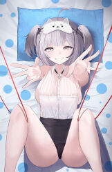 1girl absurdres ahoge azur_lane black_panties breasts eye_mask from_above grey_eyes grey_hair grin highres large_breasts long_juang_feng looking_at_viewer lying mask mask_on_head official_alternate_costume on_back on_bed open_mouth panties pillow pink_nails reaching reaching_towards_viewer smile solo spread_legs two_side_up underwear z13_(azur_lane) z13_(strategic_date_solution)_(azur_lane)