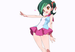 bare_shoulders brown_eyes cowboy_shot green_hair hair_bun heart kaidou_zx miniskirt mizuki_kotori_(yu-gi-oh!) pink_skirt shirt simple_background skirt white_background white_shirt yu-gi-oh! yu-gi-oh!_zexal