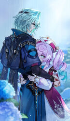 1boy 1girl anaxa_(honkai:_star_rail) aqua_eyes aqua_hair back closed_mouth hat highres honkai:_star_rail honkai_(series) hug hyacine_(honkai:_star_rail) light_smile medium_hair pink_hair rain red_hat twintails upper_body veryslow_zzzpin yellow_pupils