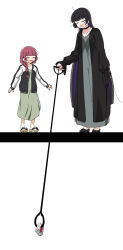 2girls absurdres black_bow black_coat black_footwear black_hair black_jacket black_nails bocchi_the_rock! bow braid carton chin_piercing closed_eyes coat colored_inner_hair dress ear_piercing earrings fang full_body geta goumonsha green_dress hair_bow height_difference highres hime_cut hiroi_kikuri jacket jewelry long_hair multicolored_hair multicolored_jacket multiple_girls open_clothes open_jacket pa-san piercing purple_hair simple_background single_braid smile tearing_up two-tone_jacket very_long_hair white_background white_jacket