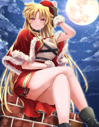 1girl adjusting_clothes adjusting_headwear alternate_costume belt black_boots black_gloves blonde_hair boots breasts capelet chest_belt chimney christmas closed_mouth commentary_request criss-cross_straps crossed_legs fate_testarossa feet_out_of_frame full_moon fur-trimmed_capelet fur-trimmed_gloves fur-trimmed_headwear fur_trim gloves hand_up hat highres large_breasts long_hair looking_at_viewer lyrical_nanoha mahou_shoujo_lyrical_nanoha mahou_shoujo_lyrical_nanoha_strikers moon multiple_belts night night_sky outdoors paid_reward_available parted_bangs pleated_skirt red_capelet red_eyes red_hat red_skirt santa_hat shirt sitting skirt sky solo sougetsu_izuki star_(sky) starry_sky thighs very_long_hair white_shirt