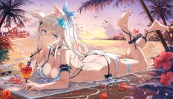 Rule 34 | 1girl, animal ears, ankle strap, arm garter, backlighting, bare shoulders, barefoot, beach, beach mat, bikini, black choker, blue eyes, breasts, choker, cleavage, cup, drinking glass, feet, flower, fuuro (johnsonwade), hair flower, hair ornament, hair ribbon, hair spread out, half updo, highres, holding, holding cup, legs up, long hair, looking at viewer, lying, medium breasts, multi-strapped bikini bottom, o-ring, o-ring bikini, on stomach, original, outdoors, ribbon, soles, solo, string bikini, sunset, swimsuit, the pose, thighs, very long hair, white bikini, white hair