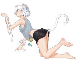 1girl :3 absurdres animal_ears aqua_eyes bandaged_arm bandages barefoot black_skirt blush breasts buyange closed_mouth commentary_request feet from_side full_body grey_hair grey_tank_top hand_up highres hoyoung_(maplestory) korean_commentary legs looking_at_viewer maplestory medium_breasts medium_hair midriff miniskirt paw_pose sidelocks simple_background skirt soles solo tail tank_top thighs toes white_background white_tail