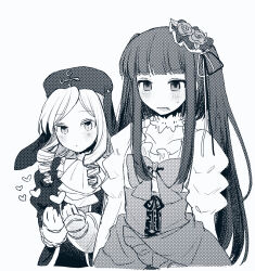 Rule 34 | 2girls, :&lt;, ascot, bakara (19083210), blush, bow, choker, closed mouth, commentary request, dlanor a. knox, drill hair, flower, furudo erika, greyscale, hat, hat ribbon, heart, highres, long hair, long sleeves, mini hat, monochrome, multiple girls, open mouth, ribbon, rose, screentones, shirt, sidelocks, simple background, skirt, sweat, twintails, umineko no naku koro ni, very long hair, white background