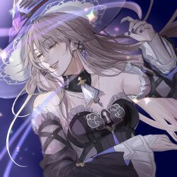 1girl bare_shoulders black_choker black_dress brown_hair choker closed_eyes dele7n detached_sleeves dress floating_hair frilled_sleeves frills from_below glowing glowing_lines hair_between_eyes hair_ribbon hand_up hat herta_(honkai:_star_rail) highres honkai:_star_rail honkai_(series) jewelry key key_necklace keyhole long_hair long_sleeves magic necklace purple_background ribbon see-through_clothes see-through_sleeves simple_background smile solo sparkle the_herta_(honkai:_star_rail) turning_head witch_hat