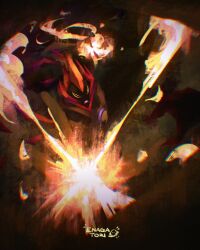 1boy 1other absurdres alien ben_10 ben_10:_alien_force chromatic_aberration colored_skin commentary dnalien enagatori_38 english_commentary fire glowing green_skin highres male_focus no_humans omnitrix pov smoke swampfire yellow_eyes
