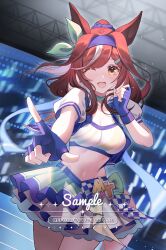 1girl 762807438 absurdres alternate_costume alternate_hairstyle animal_ears blush breasts cleavage collarbone crop_top hair_between_eyes hair_ornament headband highres horse_ears horse_girl horse_tail matikane_tannhauser_(blue_turbulence)_(umamusume) matikane_tannhauser_(umamusume) medium_breasts midriff navel official_alternate_costume one_eye_closed open_mouth pointing pointing_at_viewer solo stage tail umamusume