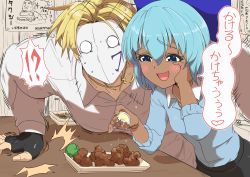 1boy 1girl absurdres annyui_(cookie) black_gloves black_skirt blonde_hair blue_bow blue_eyes blue_hair blue_shirt bow breasts broccoli chicken_(food) cirno commentary_request cookie_(touhou) cowboy_shot dark-skinned_female dark_skin desk fingerless_gloves food fried_chicken fruit gloves hair_between_eyes hair_bow highres jewelry lemon lemon_slice long_hair looking_at_food manatsu_no_yo_no_inmu mask miura_daisenpai necklace office_lady open_mouth pencil_skirt poster_(object) remote_controller_4 shirt short_hair skirt small_breasts street_fighter table tan tanned_cirno touhou vega_(street_fighter) white_shirt