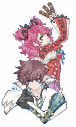 1boy 1girl asbel_lhant black_ribbon blue_eyes brown_eyes brown_hair cheria_barnes coat food hair_ribbon highres holding holding_food juliet_sleeves lace-trimmed_sleeves lace_trim long_hair long_sleeves open_mouth pink_hair puffy_sleeves ribbon shirako_(kirupi) short_hair simple_background skewer tales_of_(series) tales_of_graces two_side_up white_background wide_sleeves