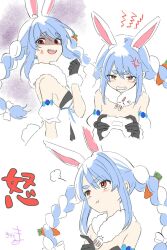 Rule 34 | 1girl, :d, :t, anger vein, animal ear fluff, animal ears, black gloves, black leotard, blue hair, bow, braid, breasts, brown eyes, carrot hair ornament, clenched hand, clenched teeth, closed mouth, commentary request, detached sleeves, don-chan (usada pekora), dress, false smile, food-themed hair ornament, fur-trimmed gloves, fur trim, gloves, hair between eyes, hair bow, hair ornament, highres, hololive, kiritoma, leotard, long hair, multicolored hair, multiple views, open mouth, pout, puffy short sleeves, puffy sleeves, rabbit-shaped pupils, rabbit ears, shaded face, short eyebrows, short sleeves, small breasts, smile, strapless, strapless dress, strapless leotard, symbol-shaped pupils, teeth, thick eyebrows, translation request, twin braids, twintails, two-tone hair, usada pekora, usada pekora (1st costume), v-shaped eyebrows, very long hair, virtual youtuber, white bow, white dress, white hair, white sleeves