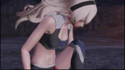 1girl 3d armor armpits bare_shoulders black_hairband bra breasts broken_armor cleavage closed_eyes collarbone female_corrin_(fire_emblem) female_focus fighting_pose fighting_stance fingernails fire_emblem fire_emblem_fates fire_emblem_warriors gameplay_mechanics hair_between_eyes hair_ornament hairband intelligent_systems knee_raised kneeling legs long_hair medium_breasts midriff multicolored_underwear nails navel neck night night_sky nintendo official_alternate_costume official_underwear outdoors pale_skin panties pointy_ears red_eyes silver_hair sky sword thighs underwear underwear_only weapon yato_(fire_emblem)