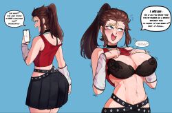 1girl @_@ antenna_hair arm_warmers ass belt black_bra black_choker black_skirt blue_eyes blush bra breasts choker cleavage commentary detached_sleeves embarrassed english_commentary english_text fang flashing groin heart heart_tattoo hentaly highres holding holding_phone jewelry lace lace_bra large_breasts lifting_own_clothes linea_alba long_hair lowleg lowleg_skirt multiple_belts navel necklace no_nut_november original phone pleated_skirt ponytail pubic_tattoo red_tank_top rockie_(hentaly) skin_fang skirt solo speech_bubble strap_slip tank_top tattoo teasing thought_bubble trembling underwear