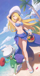 1girl absurdres alternate_costume arm_up bare_legs basket bikini blonde_hair blue_sky breasts cleavage closed_mouth cloud commentary_request cynthia_(pokemon) day eyelashes falling_petals feet floating_hair gen_4_pokemon hair_over_one_eye hat highres holding holding_basket large_breasts legs long_hair long_legs navel nintendo odd_(hin_yari) outdoors palm_tree petals pokemon pokemon_(creature) pokemon_dppt roserade sand sarong shore sky smile standing sun_hat swimsuit toenails toes tree very_long_hair water white_headwear