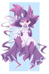 1girl :3 animal_ears animal_feet animal_nose barefoot blue_background blue_gemstone blush body_fur border bow breasts cape colored_sclera ears_through_headwear female_focus furry furry_female fusion gem gen_4_pokemon gen_6_pokemon hand_up happy hat hat_bow highres jpeg_artifacts looking_at_viewer mismagius naked_cape navel nintendo no_nipples no_pussy one_eye_closed open_mouth outline outside_border personification pokemon pokemon_(creature) purple_bow purple_cape purple_fur purple_hat red_eyes ribbon simple_background sketch small_breasts smile solo spread_legs stomach straight-on sylveon tail teranen two-tone_fur white_border white_fur white_outline white_ribbon wink witch_hat yellow_sclera