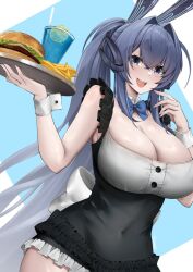 1girl alternate_costume animal_ears azur_lane black_dress blue_background blue_bow blue_bowtie blue_eyes blue_hair blush bow bowtie breasts burger buttons cleavage commentary covered_navel crossed_bangs dress drink drinking_straw english_commentary english_text enmaided fake_animal_ears fingernails food french_fries frilled_dress frills fruit glass hair_intakes headgear highres holding holding_food holding_tray irkawaza large_breasts lemon lemon_slice long_hair maid new_jersey_(azur_lane) open_mouth rabbit_ears short_sleeves signature simple_background smile solo tray two-tone_dress upper_body very_long_hair waitress white_bow white_dress wrist_cuffs