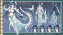 1girl absurdres ame_amelianna_(vtuber) aqua_border aqua_hair aqua_horns artist_name bare_shoulders black_dress black_hair blue_background blue_shoes border breasts character_name closed_mouth clothing_cutout collarbone colored_tips commentary commission diamond_earrings dragon_girl dragon_horns dragon_tail dress earrings english_commentary from_behind full_body gold_circle gold_earrings high_heels highres horns indie_virtual_youtuber jewelry large_breasts long_hair multicolored_hair multiple_expressions multiple_views navel outline outside_border reference_sheet roojinald second-party_source shaded_face shirt shoes skeletal_tail smile standing stiletto_heels stomach_cutout straight_hair streaked_hair tail thighhighs very_long_hair white_outline white_shirt white_thighhighs