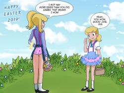 10s 2019 2girls amber_(oot94) ass basket black_shoes black_skirt blonde_hair blue_ribbon brown_eyes clothes_lift cloud easter easter_egg egg egg_print flat_chest floral_print from_behind grass holding holding_basket kathleen_(oot94) loli long_hair long_sleeves looking_at_another low_twintails mary_janes multiple_girls neck_ribbon oot94 open_mouth original panties plant ponytail print_panties print_skirt purple_panties purple_sweater raised_eyebrow ribbon shirt shoes short_sleeves siblings sidelocks sisters skirt skirt_lift sky smile socks speech_bubble standing suspender_skirt suspenders sweater torn_clothes torn_skirt twintails underwear white_shirt white_socks