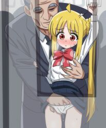 1boy 1girl ahoge blonde_hair blue_skirt blush bocchi_the_rock! bow chikan fingering grabbing_another&#039;s_breast groping hand_in_panties highres hippo_power ijichi_nijika molestation old old_man panties pleated_skirt ponytail_with_braided_base pussy_juice pussy_juice_drip_through_clothes red_bow red_eyes school_uniform shirt side_ponytail skirt train_interior underwear white_panties white_shirt