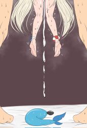 Rule 34 | 1boy, 1girl, blonde hair, butt plug, cum, feet, foot focus, fuzzlogik, highres, indie virtual youtuber, long hair, motion lines, sameko saba, sex toy, simple background, trembling, virtual youtuber