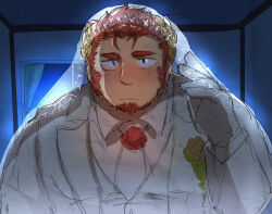 Rule 34 | 1boy, bara, blush, bridal veil, claude (housamo), collared shirt, facial hair, formal clothes, gloves, goatee, highres, laurel crown, long sideburns, looking at viewer, male focus, necktie, official alternate costume, sanpaku, shirt, short hair, shy, sideburns, solo, suit, suna sand1, thick eyebrows, tokyo houkago summoners, unfinished, upper body, veil, white suit